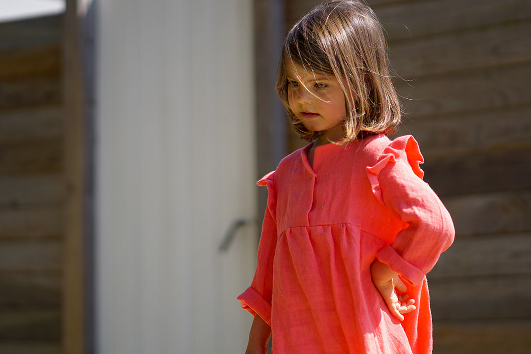 Robe en lin manches froncées corail