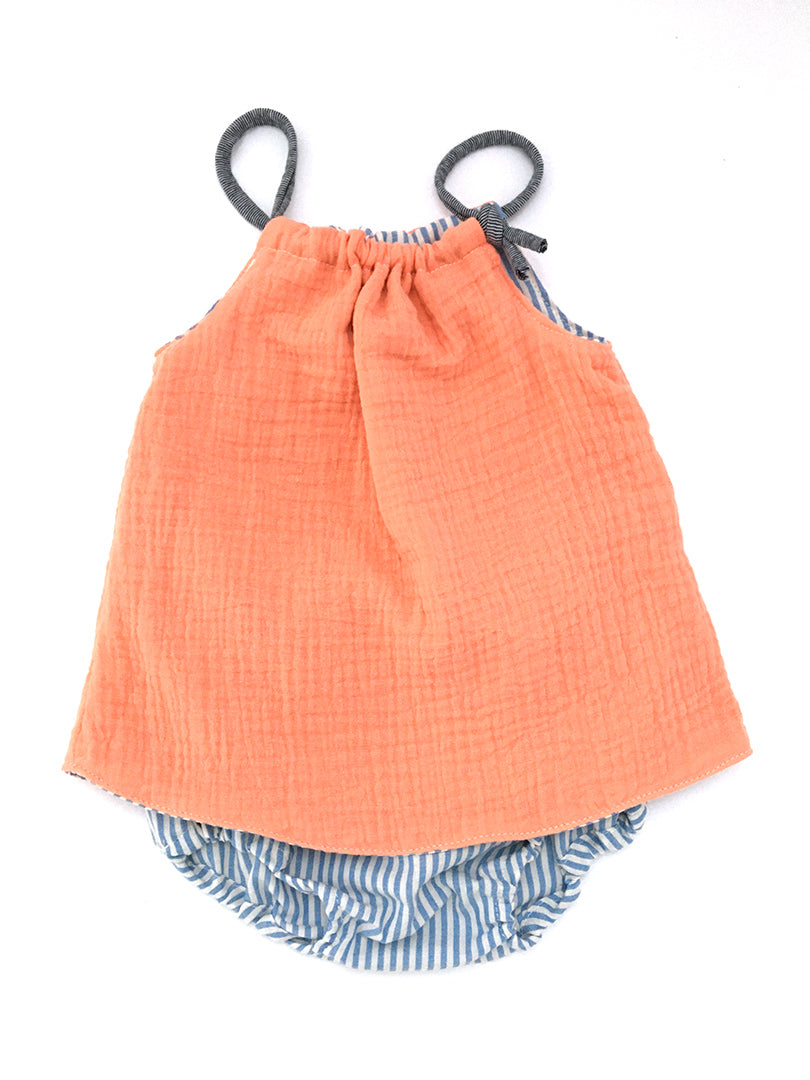Robe bébé double gaze de coton papaye rayures bleues