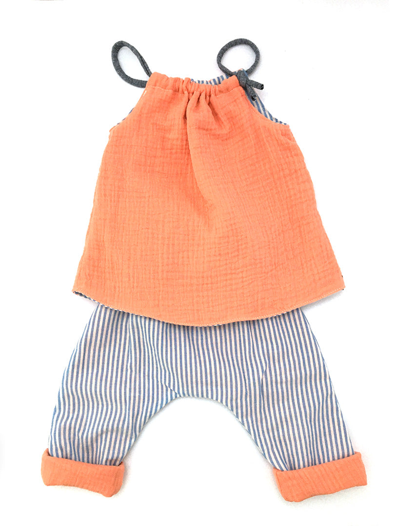 Robe bébé double gaze de coton papaye rayures bleues