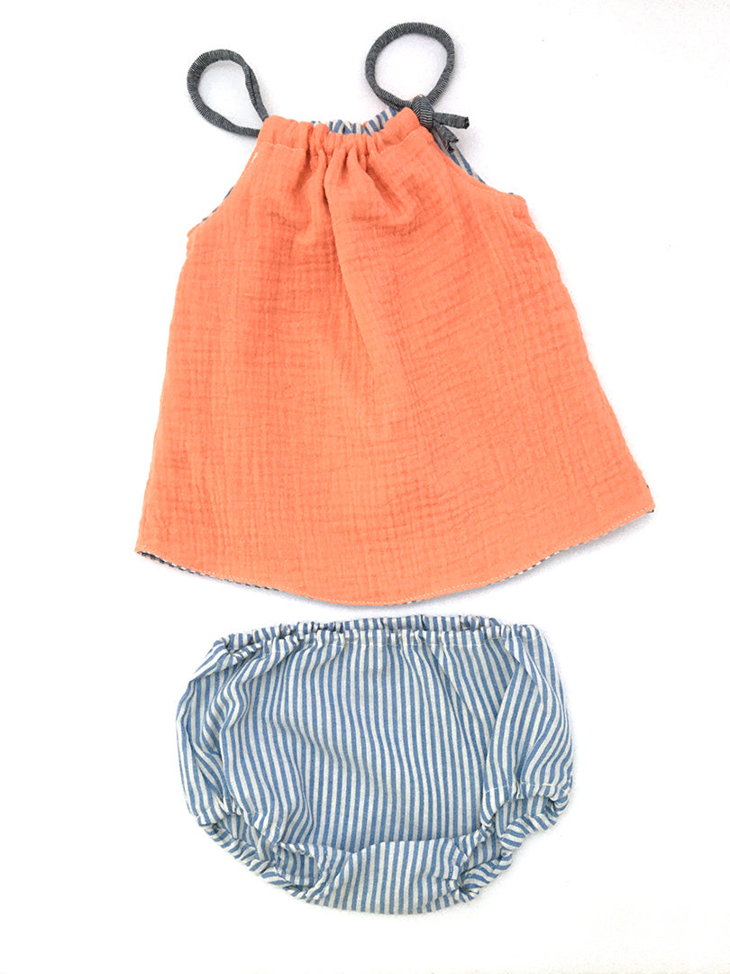 Robe bébé double gaze de coton papaye rayures bleues