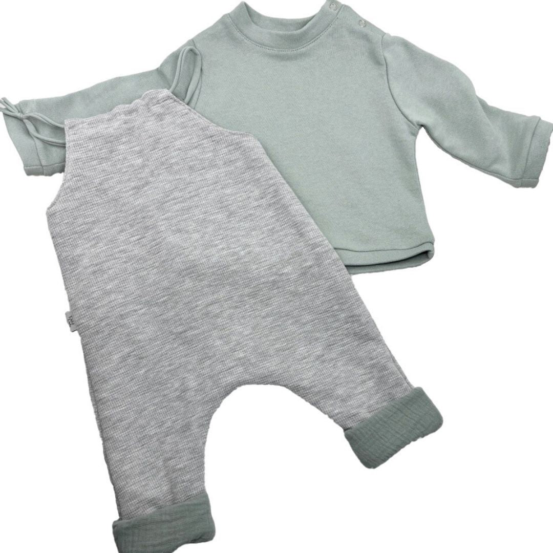 Salopette bebe Gaze de Coton Vert de gris X Gris