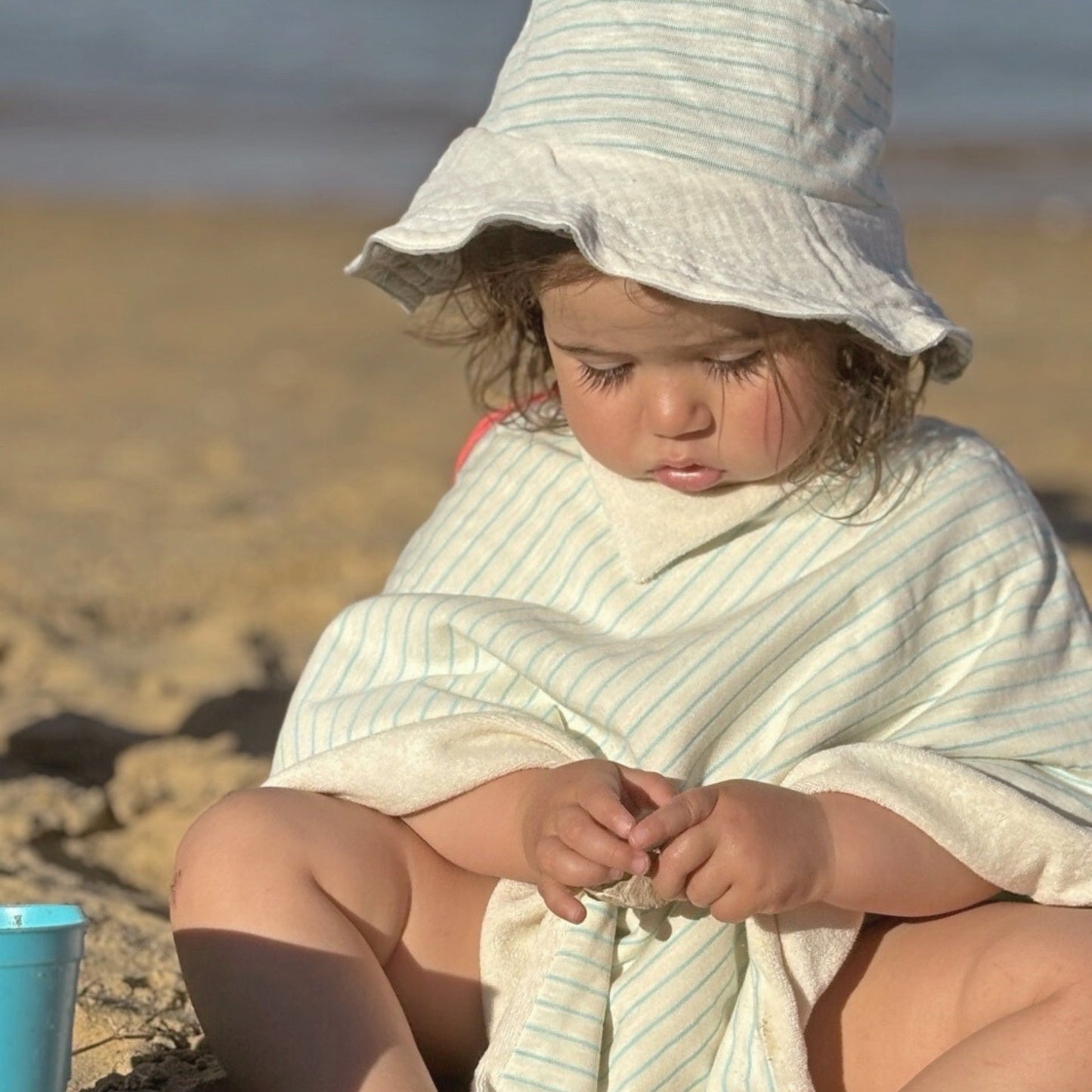 Poncho enfant Rayé Vert d'eau BIO